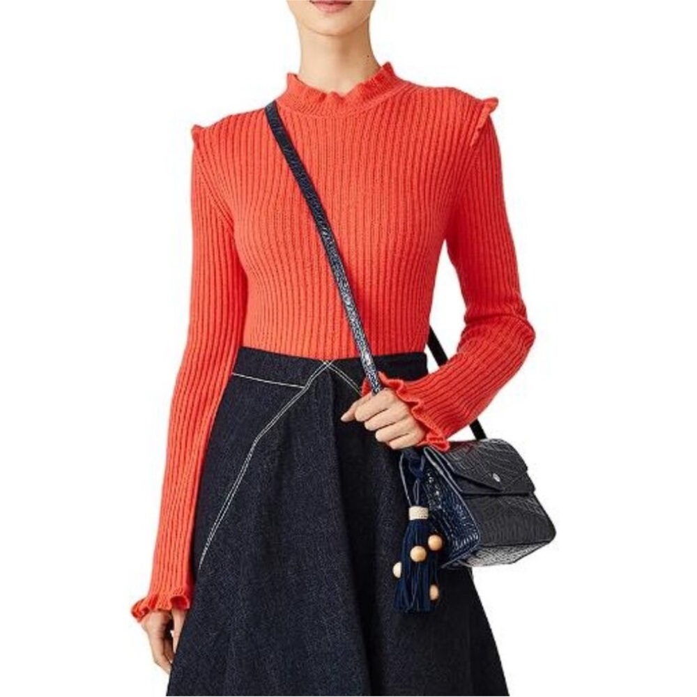 Derek Lam 10 Crosby Orange Cashmere Ruffle Mockneck Sweater XS EUC